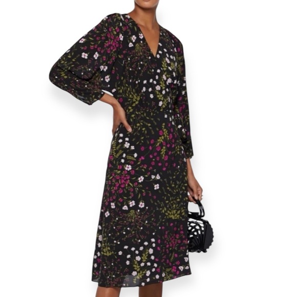 Joie Acantha 3/4 Sleeve Black Floral‎ Wrap Dress Size Large​ - Picture 3 of 7